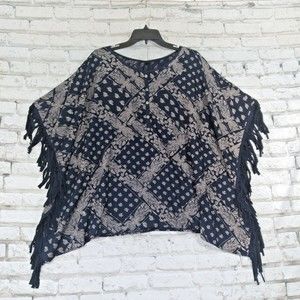 Taurus Poncho Womens Medium Blue Paisley Boho Lagenlook Fringe Boho Top